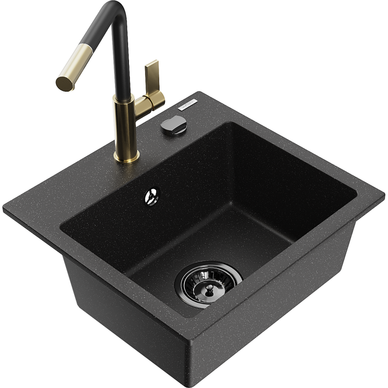 Mexen Milo Granitspüle 1-Becken mit Küchenarmatur Flora, schwarz/silber metallic - 6505-73-670401-57-B