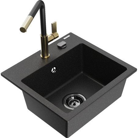 Mexen Milo Granitspüle 1-Becken mit Küchenarmatur Flora, schwarz/silber metallic - 6505-73-670401-57-B
