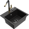 Mexen Milo Granitspüle 1-Becken mit Küchenarmatur Flora, schwarz/silber metallic - 6505-73-670401-57-B
