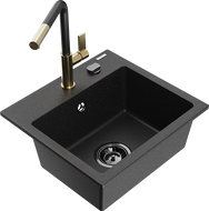 Mexen Milo Granitspüle 1-Becken mit Küchenarmatur Flora, schwarz/silber metallic - 6505-73-670401-57-B
