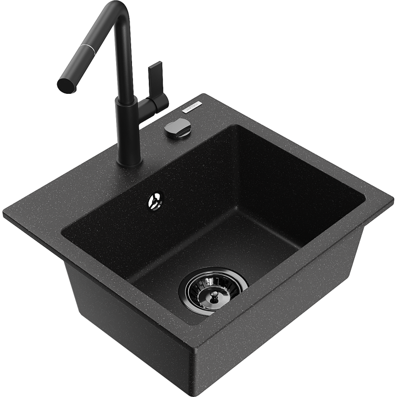 Mexen Milo Granitspüle 1-beckig mit Küchenarmatur Flora, schwarz/silber metallic - 6505-73-670401-70-B