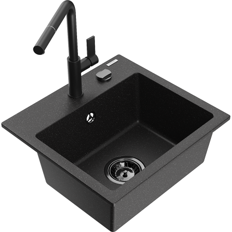 Mexen Milo Granitspüle 1-beckig mit Küchenarmatur Flora, schwarz/silber metallic - 6505-73-670401-70-B