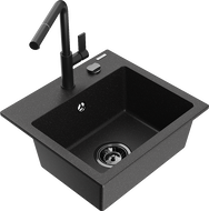 Mexen Milo Granitspüle 1-beckig mit Küchenarmatur Flora, schwarz/silber metallic - 6505-73-670401-70-B