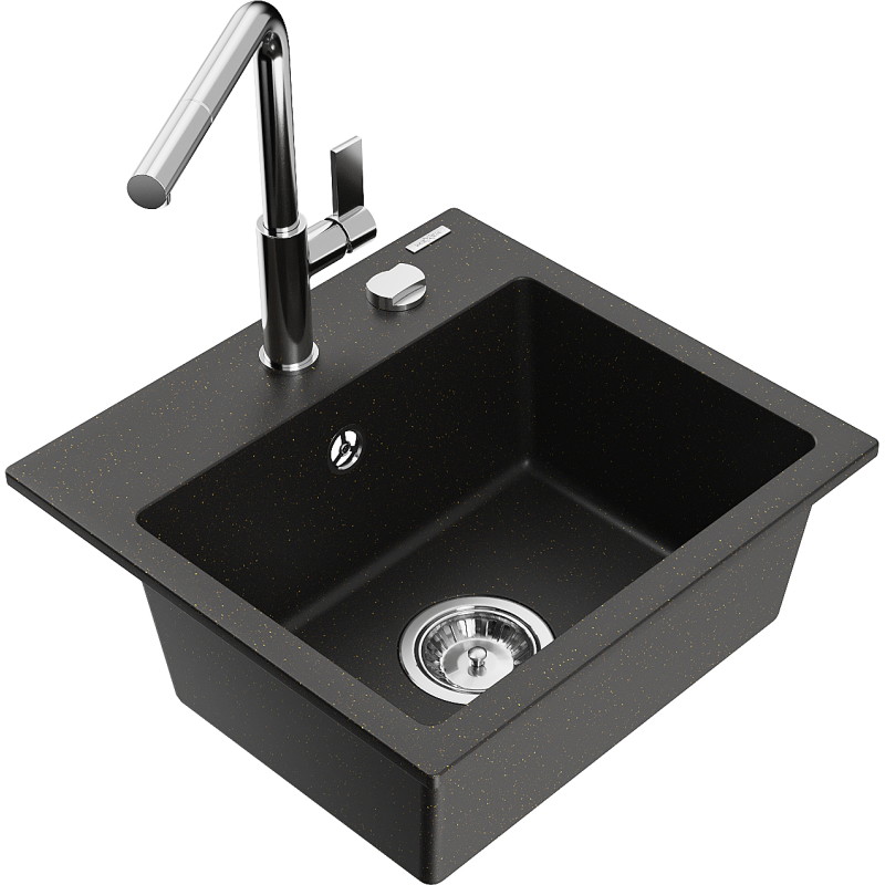 Mexen Milo Granitspüle einteilig mit Küchenarmatur Flora, schwarz/gold metallic - 6505-75-670401-00
