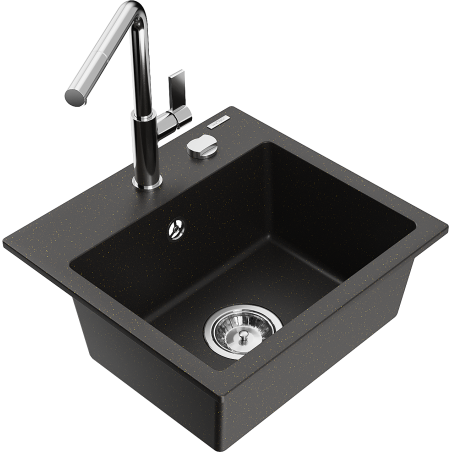 Mexen Milo Granitspüle einteilig mit Küchenarmatur Flora, schwarz/gold metallic - 6505-75-670401-00