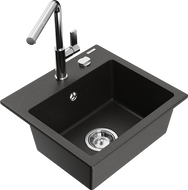 Mexen Milo Granitspüle 1-Becken mit Küchenarmatur Flora, schwarz/gold metallic - 6505-75-670401-00