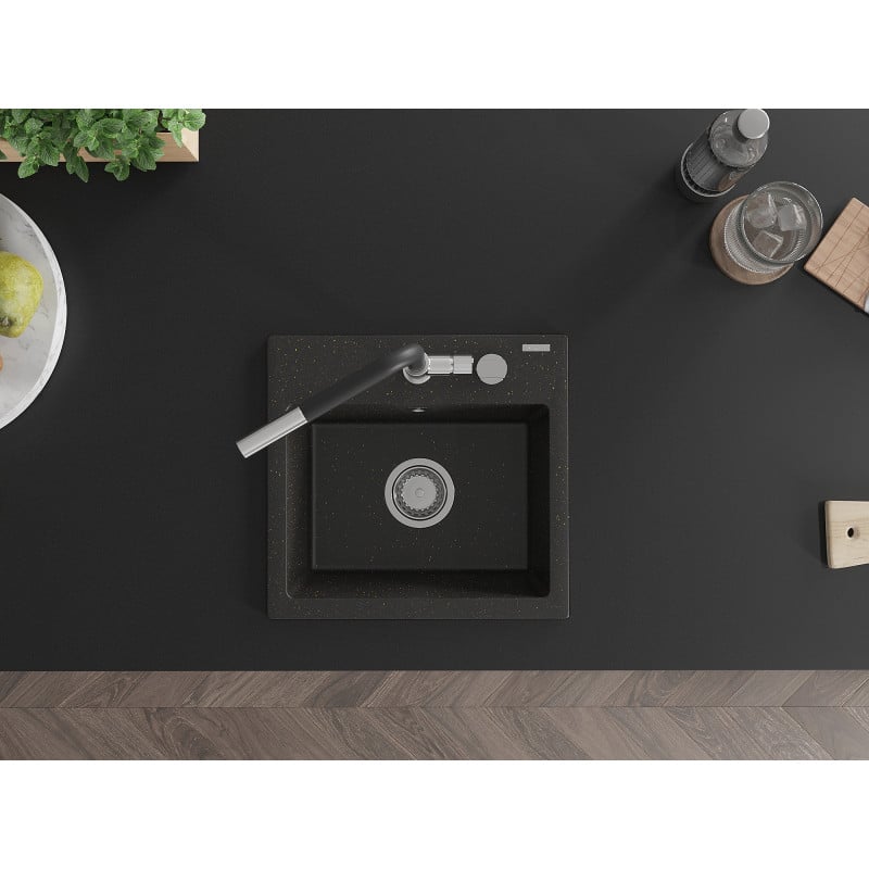 Mexen Milo Granitspüle 1-Kammer mit Küchenarmatur Flora, schwarz/gold metallic - 6505-75-670401-07