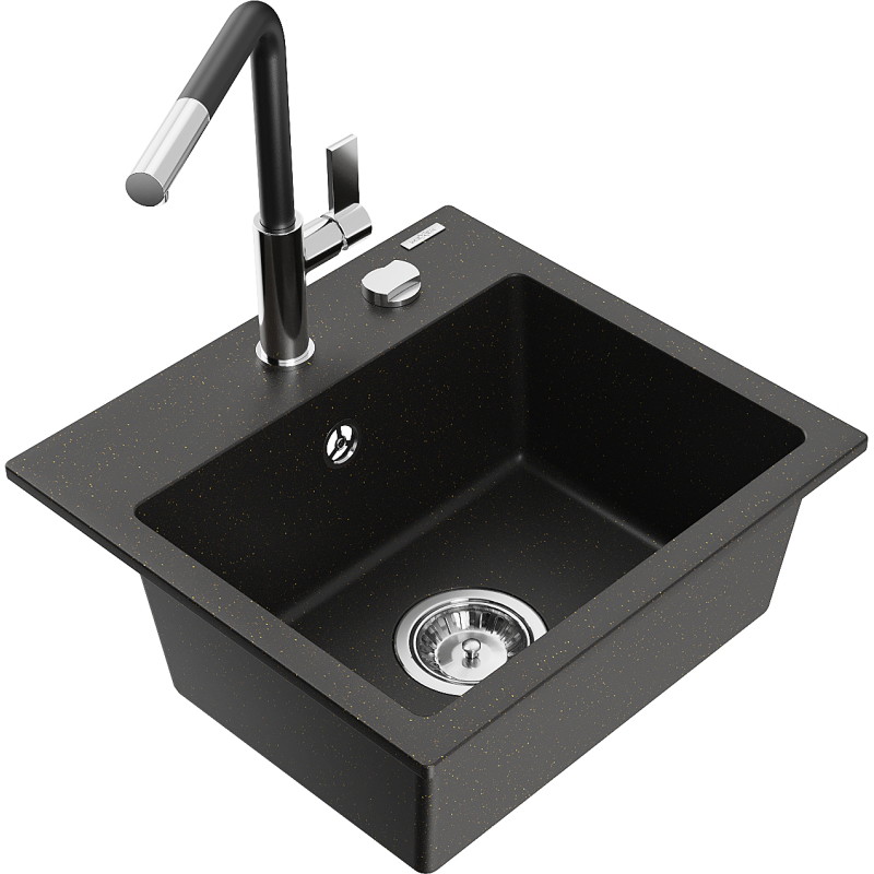 Mexen Milo Granitspüle 1-Becken mit Küchenarmatur Flora, schwarz/goldener Metallic - 6505-75-670401-07