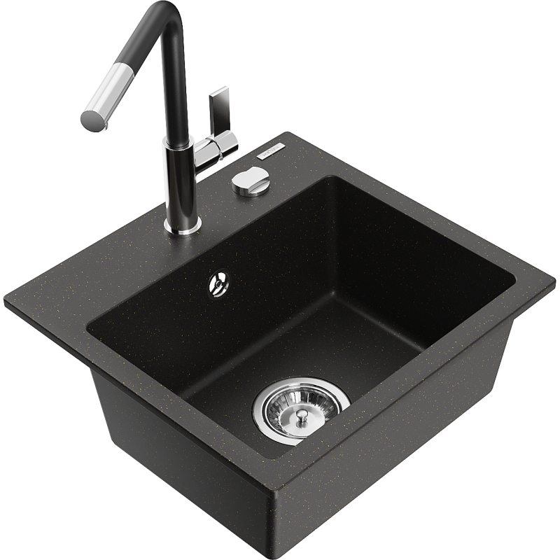 Mexen Milo Granitspüle 1-Kammer mit Küchenarmatur Flora, schwarz/gold metallic - 6505-75-670401-07
