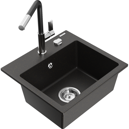 Mexen Milo Granitspüle 1-Becken mit Küchenarmatur Flora, schwarz/goldener Metallic - 6505-75-670401-07