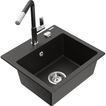 Mexen Milo Granitspüle 1-Kammer mit Küchenarmatur Flora, schwarz/gold metallic - 6505-75-670401-07