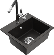 Mexen Milo Granitspüle 1-Kammer mit Küchenarmatur Flora, schwarz/gold metallic - 6505-75-670401-07