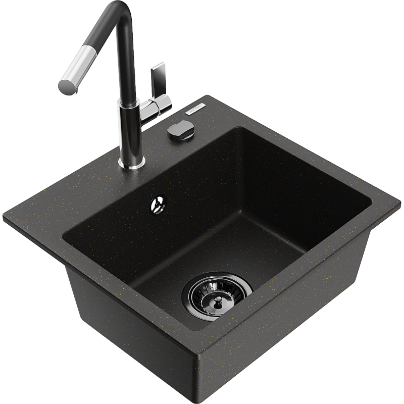 Mexen Milo Granitspüle 1-Kammer mit Küchenarmatur Flora, schwarz/gold metallic - 6505-75-670401-07-B