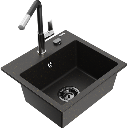 Mexen Milo Granitspüle 1-Becken mit Küchenarmatur Flora, schwarz/gold-metallic - 6505-75-670401-07-B