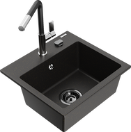 Mexen Milo Granitspüle 1-Kammer mit Küchenarmatur Flora, schwarz/gold metallic - 6505-75-670401-07-B
