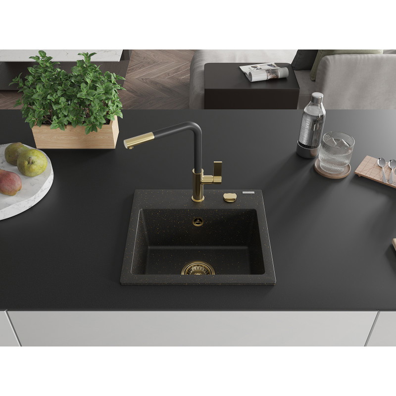 Mexen Milo Granitspüle 1-beckig mit Küchenarmatur Flora, Schwarz/Gold Metallic - 6505-75-670401-57-G
