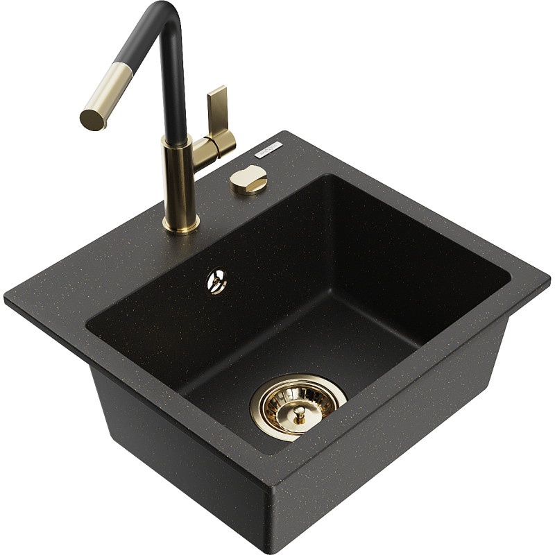 Mexen Milo Granitspüle 1-Becken mit Küchenarmatur Flora, schwarz/gold - 6505-75-670401-57-G