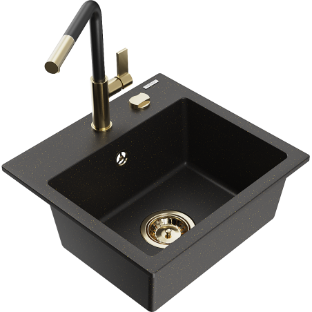 Mexen Milo 1-Kammer Granitspüle mit Küchenarmatur Flora, schwarz/gold metallic - 6505-75-670401-57-G
