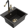 Mexen Milo Granitspüle 1-Becken mit Küchenarmatur Flora, schwarz/gold - 6505-75-670401-57-G