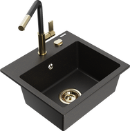Mexen Milo Granitspüle 1-beckig mit Küchenarmatur Flora, Schwarz/Gold Metallic - 6505-75-670401-57-G