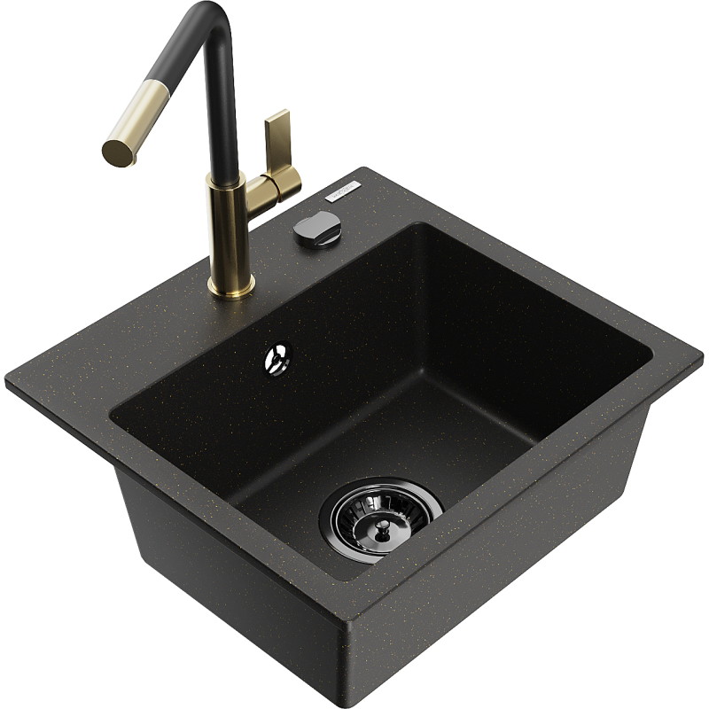Mexen Milo Granitspüle 1-Becken mit Küchenarmatur Flora, schwarz/gold metallic - 6505-75-670401-57-B