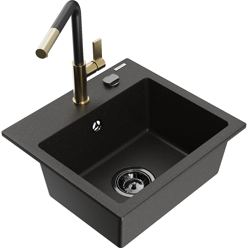 Mexen Milo Granitspüle 1-Becken mit Küchenarmatur Flora, schwarz/goldener Metallic - 6505-75-670401-57-B