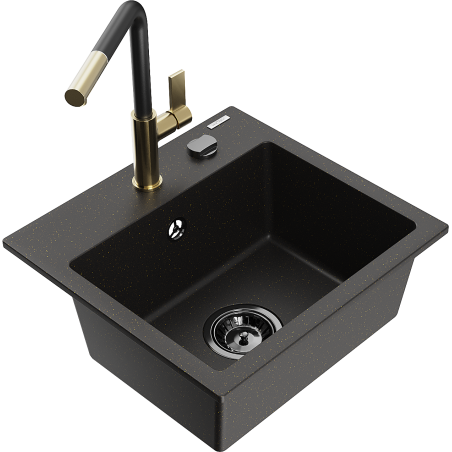 Mexen Milo Granitspüle 1-Becken mit Küchenarmatur Flora, schwarz/goldener Metallic - 6505-75-670401-57-B