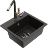 Mexen Milo Granitspüle 1-Becken mit Küchenarmatur Flora, schwarz/goldener Metallic - 6505-75-670401-57-B