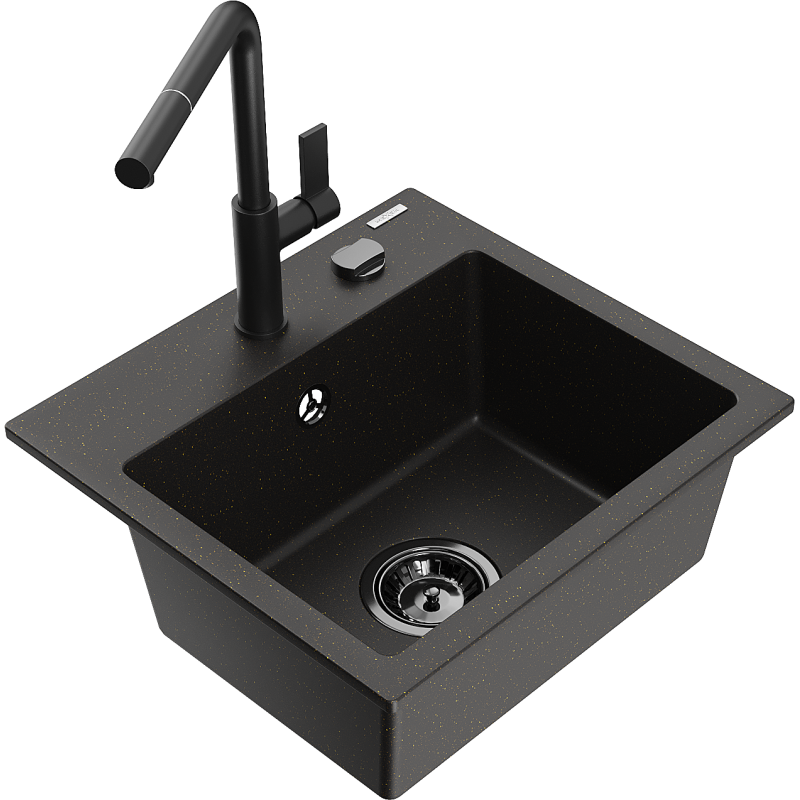 Mexen Milo Granitspüle 1-Becken mit Küchenarmatur Flora, schwarz/goldener Metallic - 6505-75-670401-70-B
