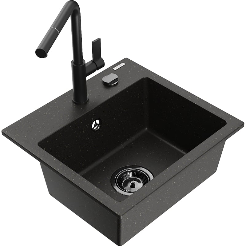 Mexen Milo granitspüle 1-fach mit Küchenarmatur Flora, schwarz/gold metallic - 6505-75-670401-70-B