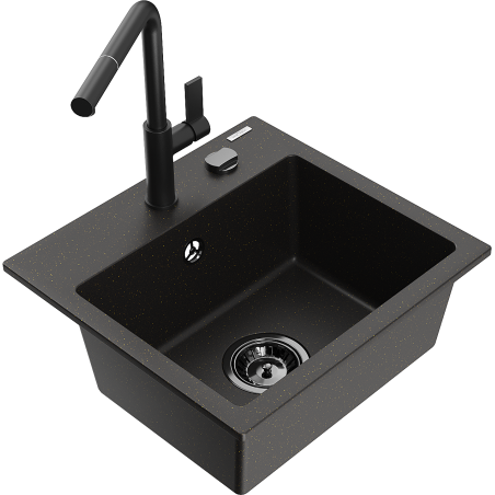 Mexen Milo Granitspüle 1-Becken mit Küchenarmatur Flora, schwarz/gold metallic - 6505-75-670401-70-B