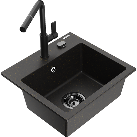 Mexen Milo Granitspüle 1-Becken mit Küchenarmatur Flora, schwarz/goldener Metallic - 6505-75-670401-70-B