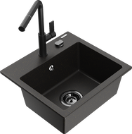 Mexen Milo Granitspüle 1-Becken mit Küchenarmatur Flora, schwarz/gold metallic - 6505-75-670401-70-B