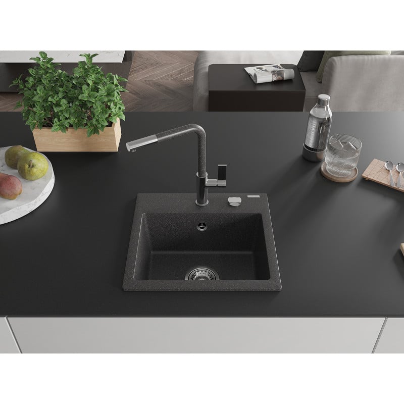 Mexen Milo Granitspüle 1-Becken mit Küchenarmatur Flora, schwarz/gold metallic - 6505-76-670401-08