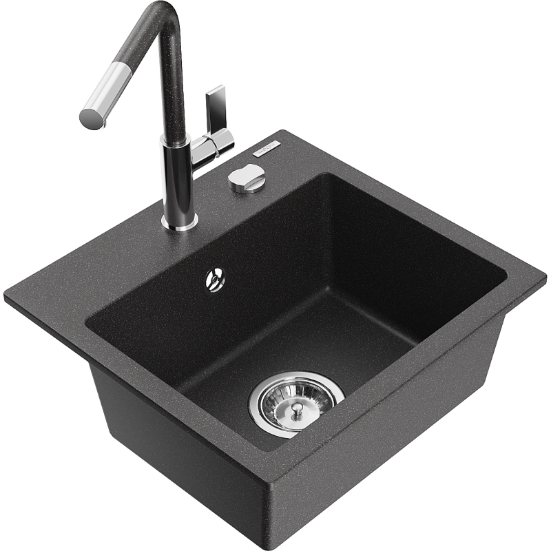 Mexen Milo Granitspüle 1-Becken mit Küchenarmatur Flora, schwarz/gold metallic - 6505-76-670401-08