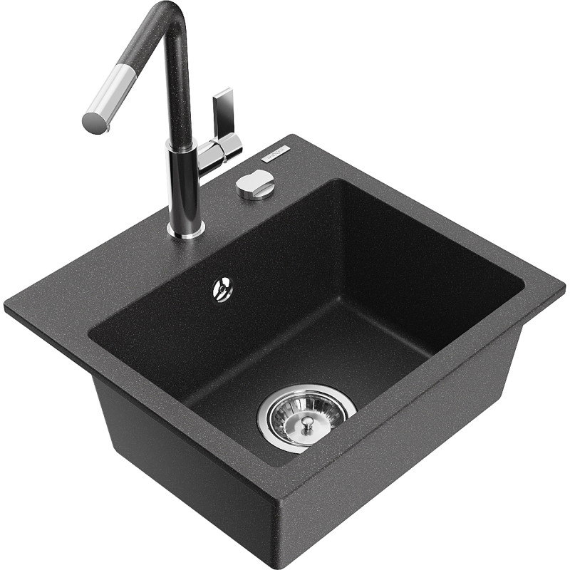 Mexen Milo Granitspüle 1-beckig mit Küchenarmatur Flora, schwarz/gold metallic - 6505-76-670401-08