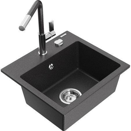 Mexen Milo Granitspüle 1-Becken mit Küchenarmatur Flora, schwarz/gold metallic - 6505-76-670401-08
