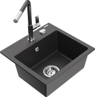 Mexen Milo Granitspüle 1-Becken mit Küchenarmatur Flora, schwarz/gold metallic - 6505-76-670401-08
