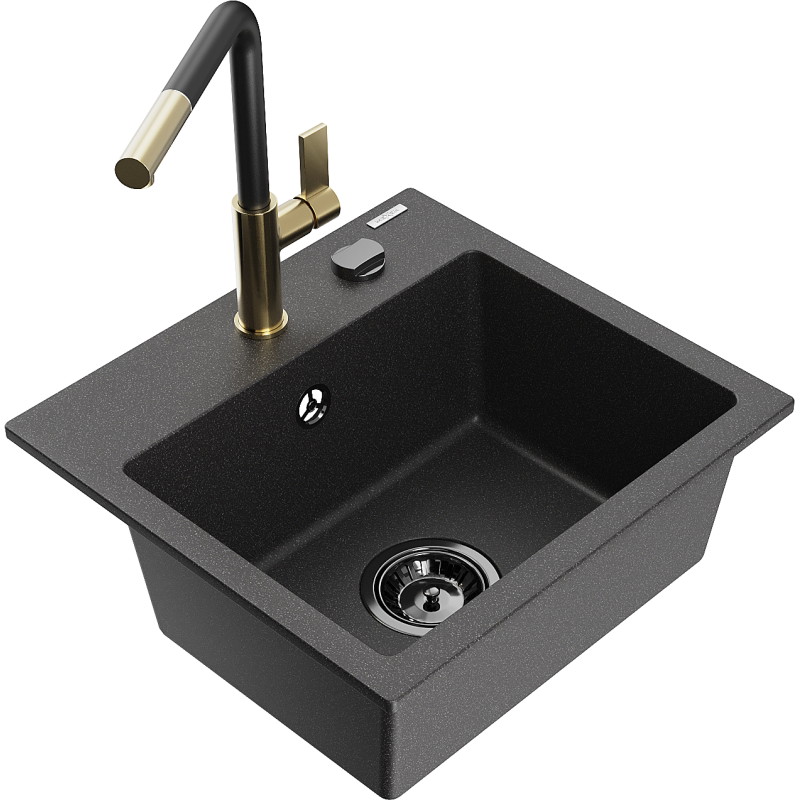 Mexen Milo 1-becken Granitspüle mit Küchenarmatur Flora, schwarz gesprenkelt - 6505-76-670401-57-B