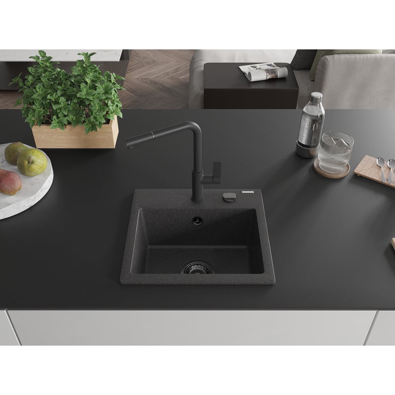 Mexen Milo granitspüle 1-Becken mit Küchenarmatur Flora, schwarz gesprenkelt - 6505-76-670401-70-B