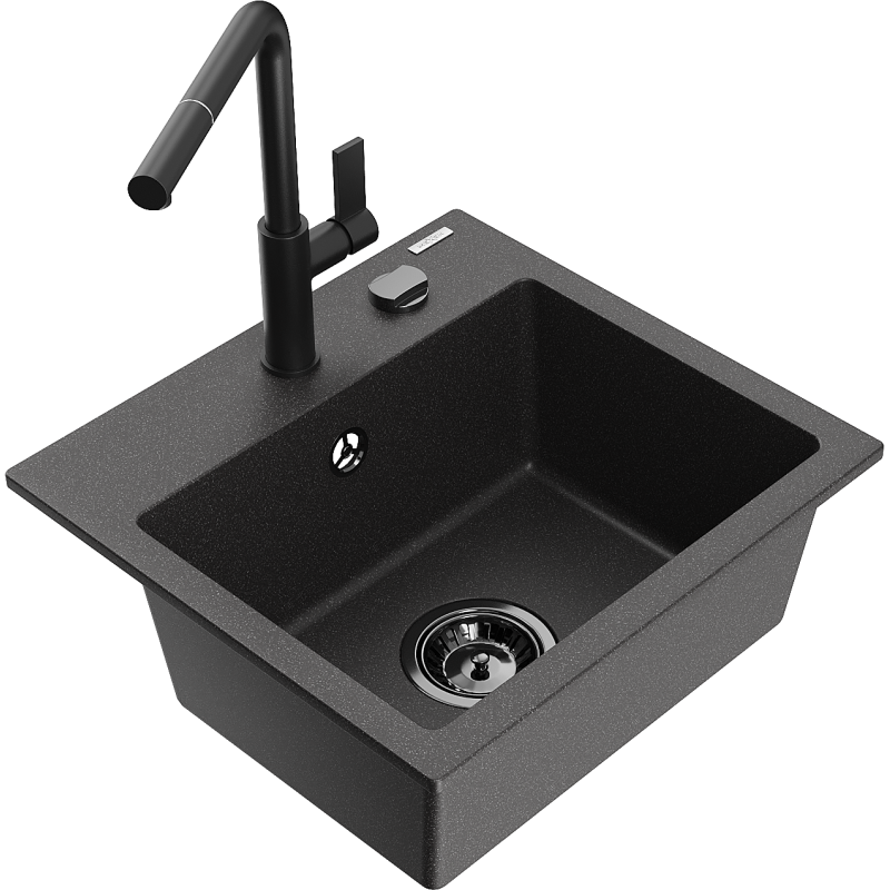 Mexen Milo granitspüle 1-Becken mit Küchenarmatur Flora, schwarz gesprenkelt - 6505-76-670401-70-B