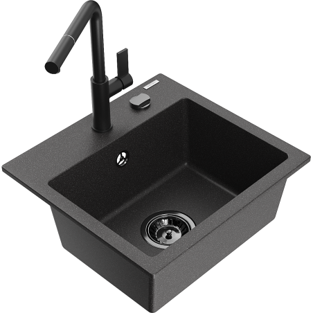 Mexen Milo granitspüle 1-Becken mit Küchenarmatur Flora, schwarz gesprenkelt - 6505-76-670401-70-B