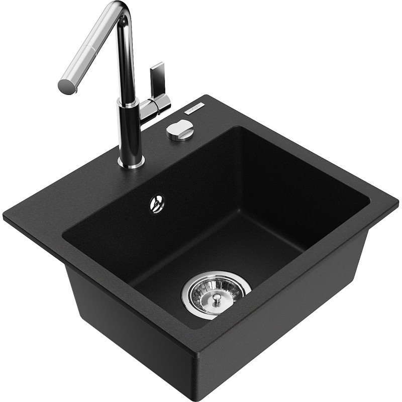 Mexen Milo Granitspüle 1-Becken mit Küchenarmatur Flora, schwarz - 6505-77-670401-00