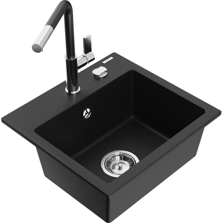 Mexen Milo Granitspüle 1-baulich mit Küchenarmatur Flora, schwarz - 6505-77-670401-07