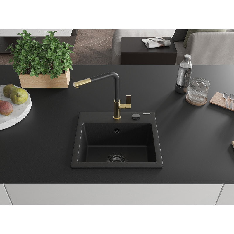 Mexen Milo Granitspüle 1-Kammer mit Küchenarmatur Flora, schwarz - 6505-77-670401-57-B