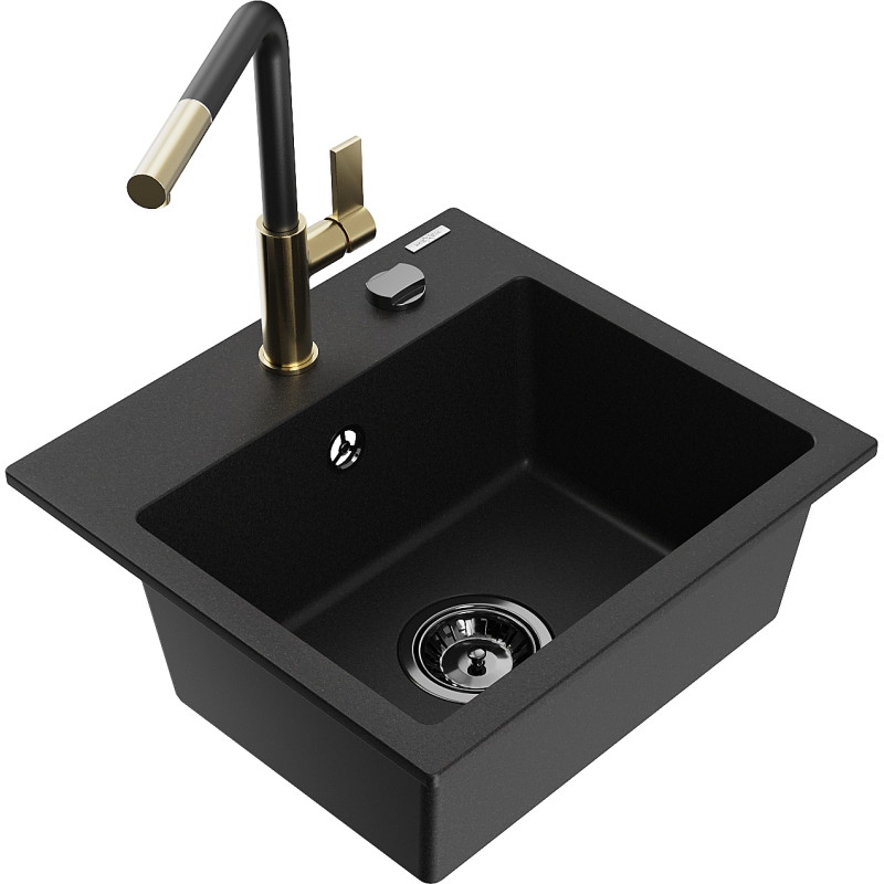Mexen Milo Granitspüle 1-Becken mit Küchenarmatur Flora, schwarz - 6505-77-670401-57-B