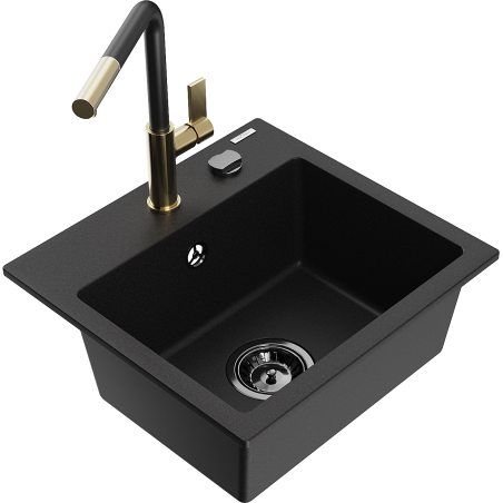 Mexen Milo Granitspüle 1-Becken mit Küchenarmatur Flora, schwarz - 6505-77-670401-57-B