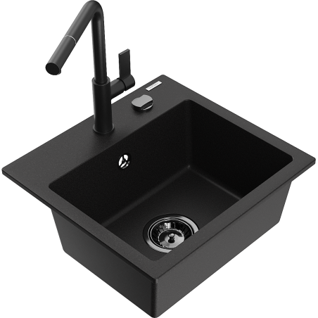 Mexen Milo Granit-Spülbecken 1-Becken mit Küchenarmatur Flora, schwarz - 6505-77-670401-70-B
