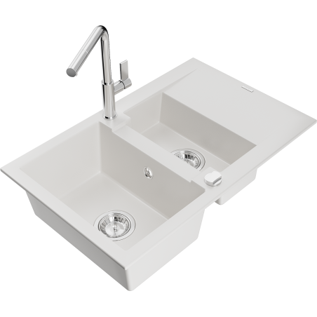 Mexen Gaspar Granitspüle 1,5-Becken mit Abtropffläche und Küchenarmatur Flora, Weiß - 6507-20-670401-00