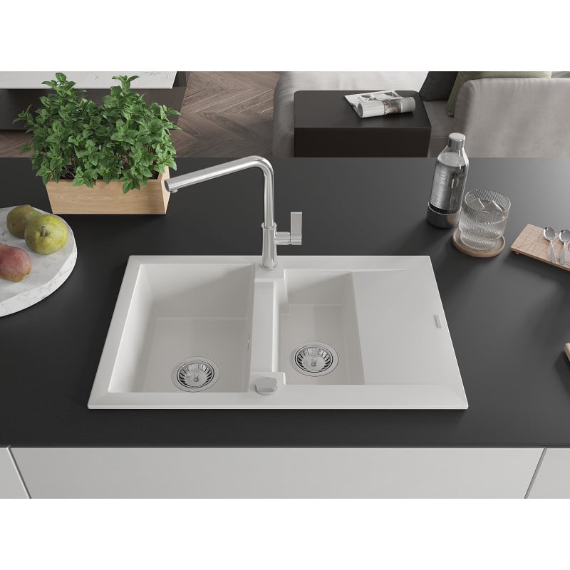 Mexen Gaspar Granitspüle 1,5-Becken mit Abtropffläche und Küchenarmatur Flora, Weiß - 6507-20-670401-00